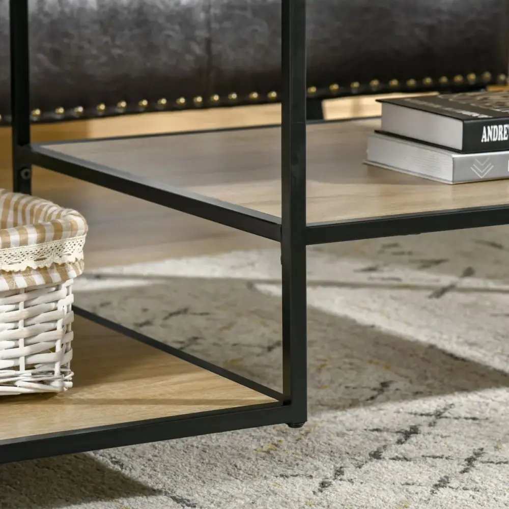 Mesa de centro Tiermes Homcom rectangular 2 estantes natural/negro 46x120x60 cm