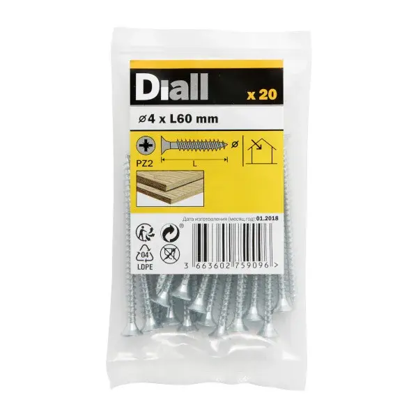 20 Tornillos para madera PZ 4x60 mm Diall