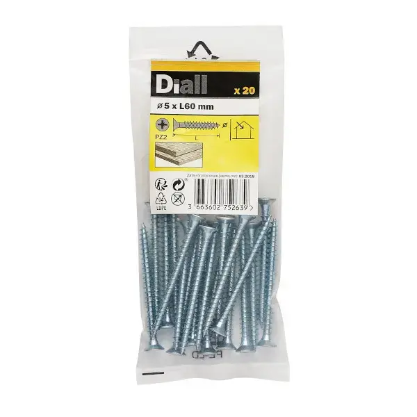 20 Tornillos para madera PZ 5x60 mm Diall