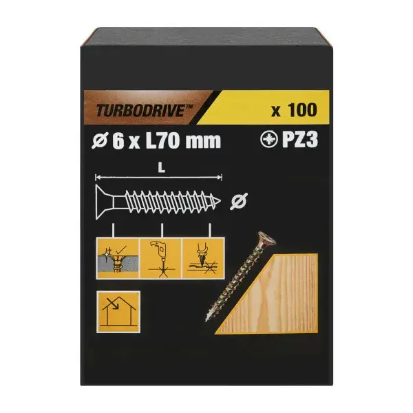 100 tornillos para madera PZ premium 6x70 mm Turbodrive