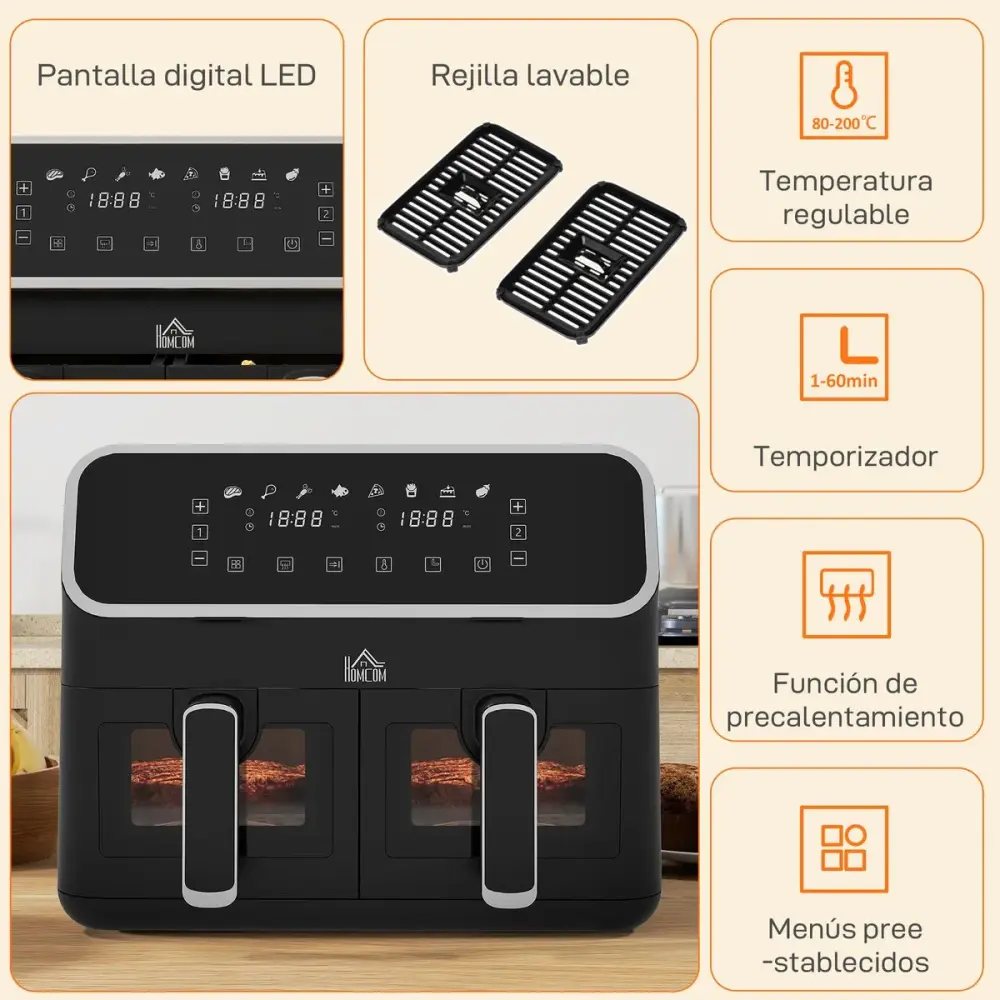 Freidora de aire Homcom 2700W 8L 2 cestas 8 programas negro