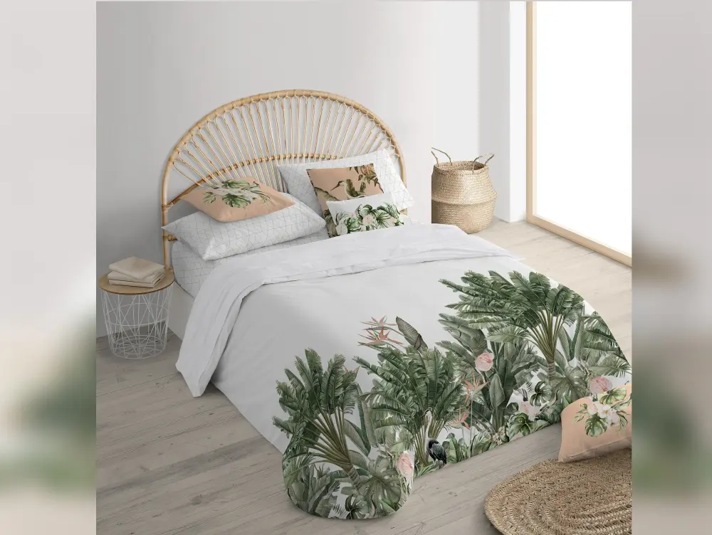 Funda nórdica con cierre de botones 100% algodón genuino 1 pieza en blanco con motivos vegetales