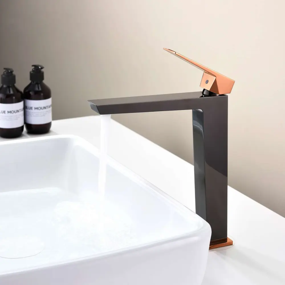 Grifo monomando lavabo alto sky bath negro cristal oro rosa serie infinite