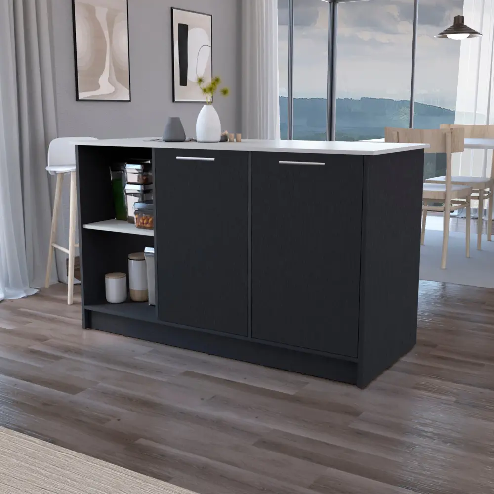 Carro Servidor Isla de cocina juniper,2 puertas y 3 estantes,negro/ibiza 90 x 150 x 64 cm