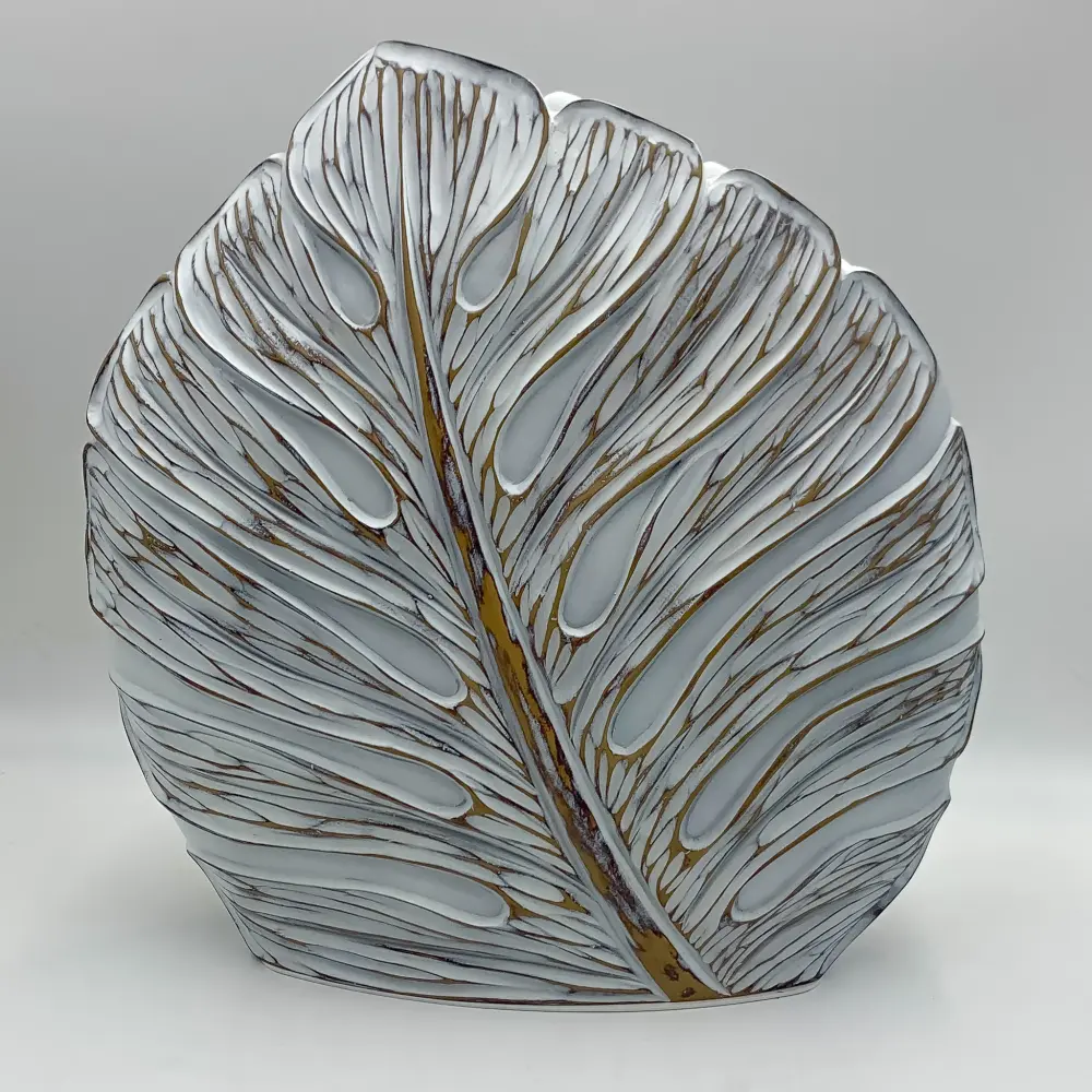 Centro de Mesa Jarrón hojas blanco y marrón 40x16x42