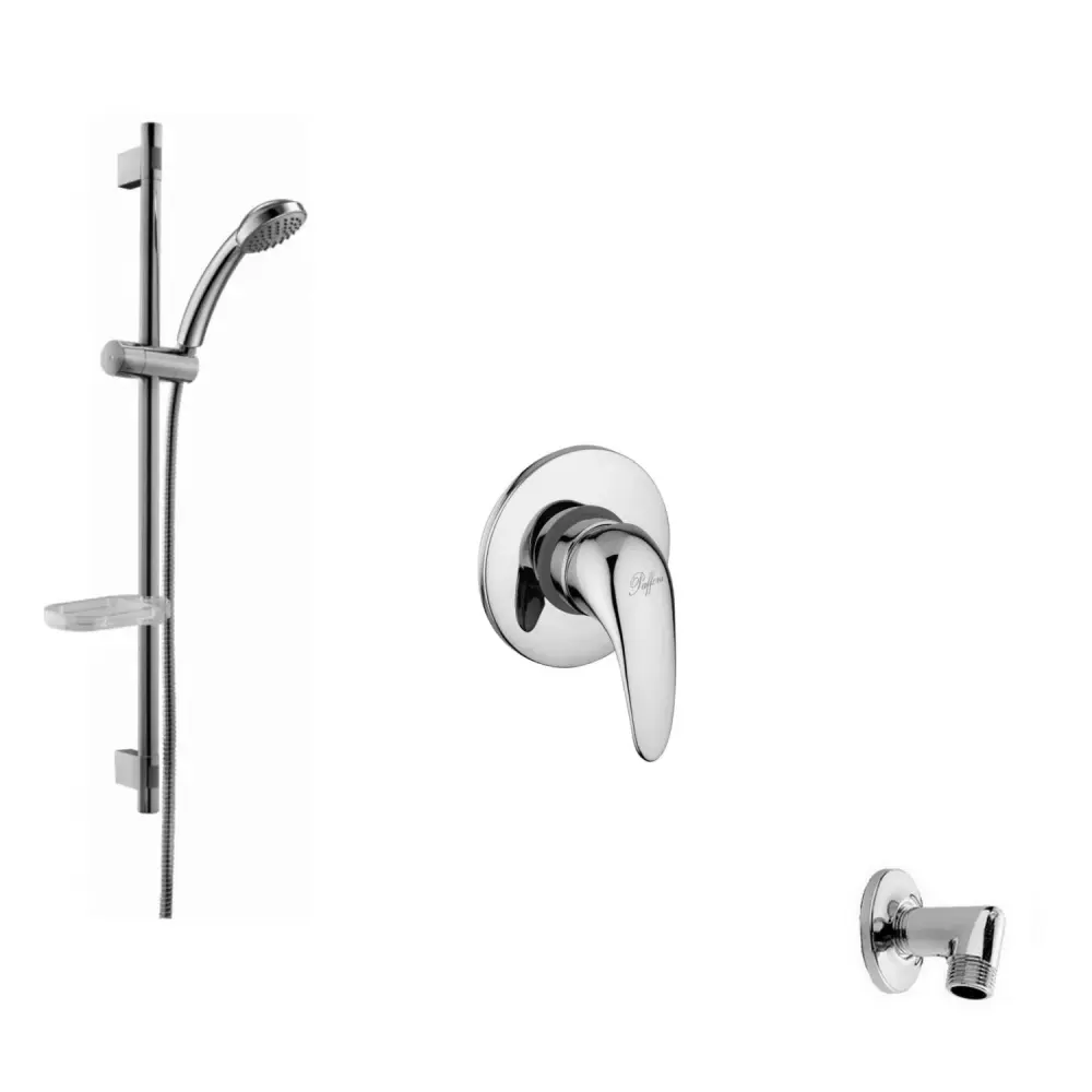 Juego Saliscendi ducha con barra de metálico. mezclador empotrado y toma de agua empotrada en pared Paffoni