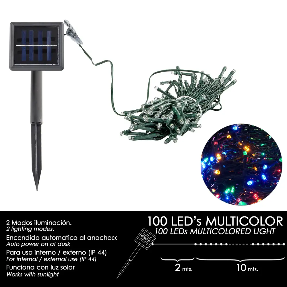 Luces Navidad Solar 100 Leds Policromático Interior / Exterior (IP44)