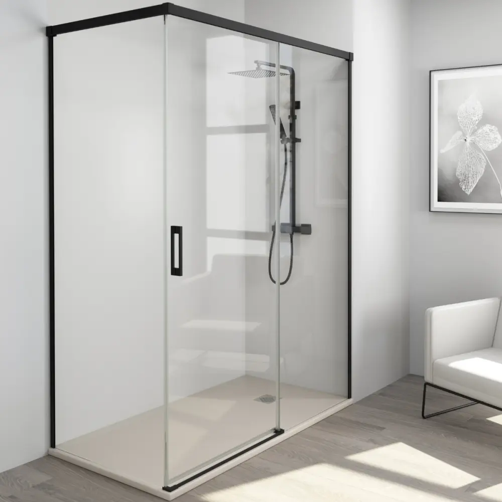 Mampara ducha rectangular frente 140 - lateral 100 cm - transparente negro Baño Total