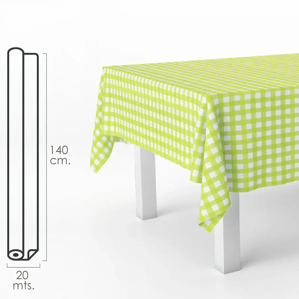 Certificado OEKO-TEX® Mantel Hule Rectangular Cuadros Verde Lima. Impermeable Antimanchas PVC 140 cm x 20 metros. Rollo R...