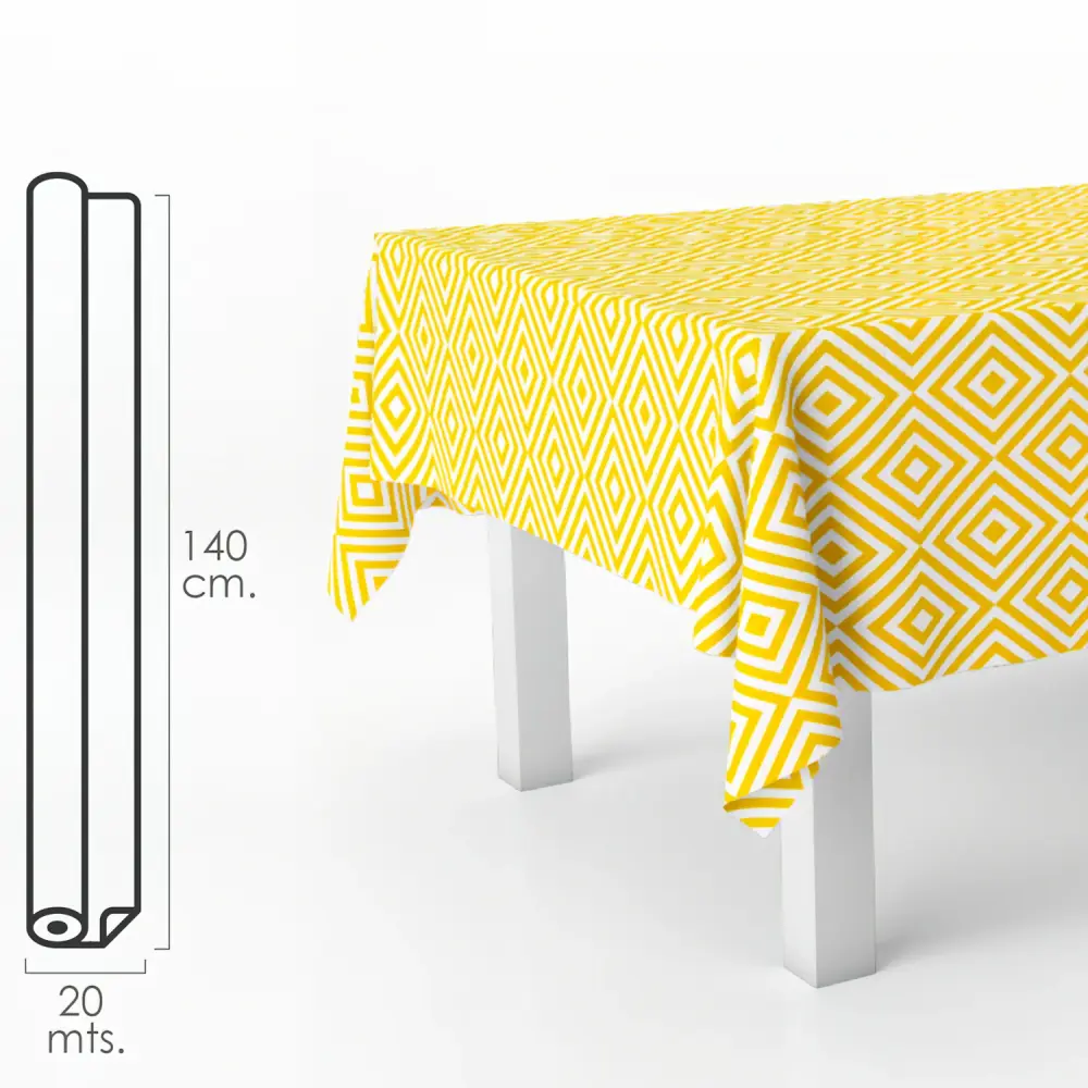 Guante de Cocina Mantel Hule Rectangular Rombos Amarillos. Impermeable Antimanchas PVC 140 cm. x 20 metros. Rollo Recortab...