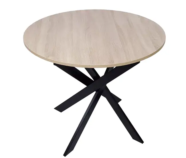 Reposera Mesa comedor fija redonda, salón comedor, Modelo ZEN, color Roble, patas metálicas en negro mate, medidas 90x90...