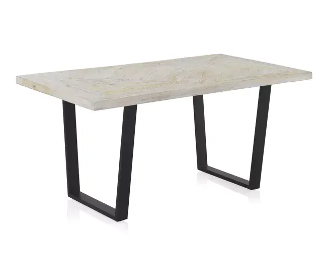 Vitrina Librerí Mesa de Comedor 160X90 Madera de Mango Patinada Blanca, Patas de Metálico