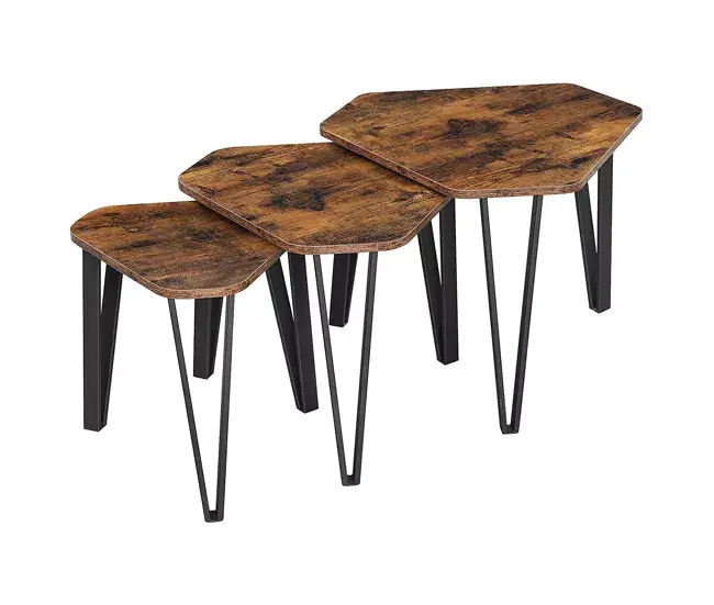 Lote de 3 mesas nido con patas de acero y decoración de madera rústica
