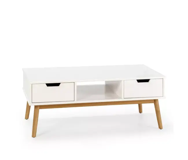 Mesa centro Baku blanco, pino macizo, 2 cajones, 110 cm