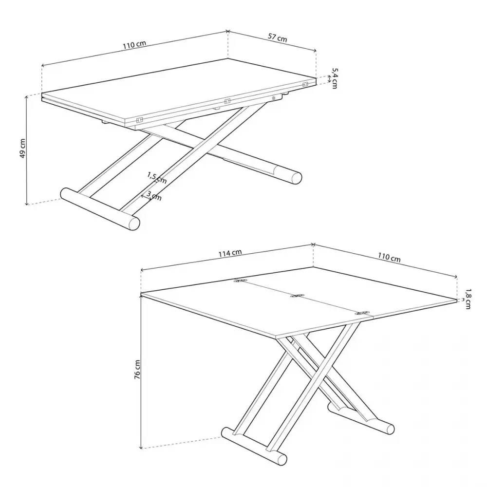 Mesa de centro elevable Natural adaptable en mesa de comedor 49x110x57 cm