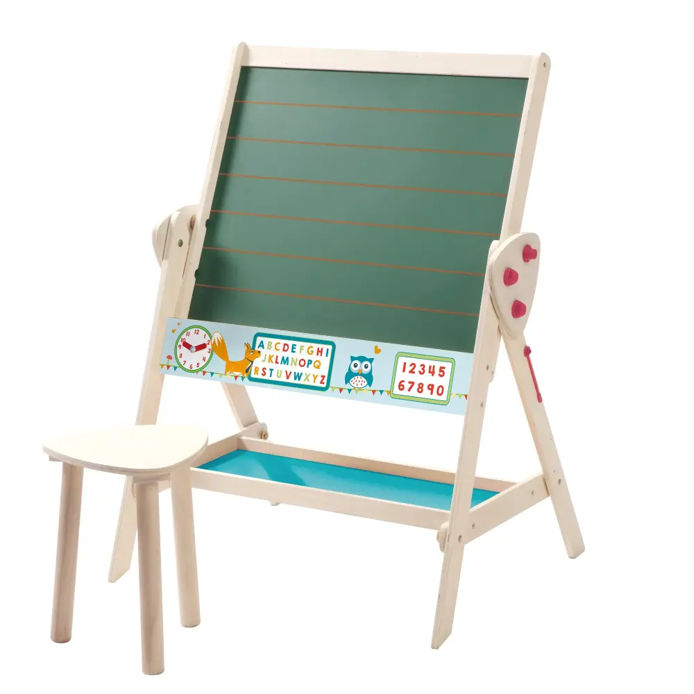 Chalkboard & Children's Seat Set 'Fox & Owl', Versátil to Table-Chair Set, Natural Wood