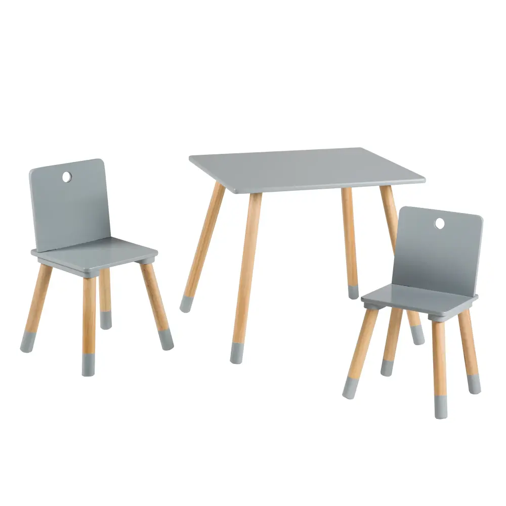 Ensemble de sièges, set composé de 2 chaises et un table pour enfants, en bois, gris laqué con Barrera de Seguridad