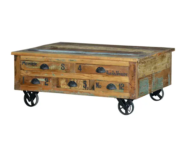 Mesa centro, mesa de café en madera reciclada y ruedas de acero, Multicolor 42x70x110 cm - Giner y Colomer
