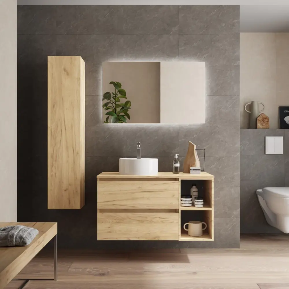 Organizador de Toallas Mueble baño bequia plus 90 cmy coqueta roble con lavabo +encimera