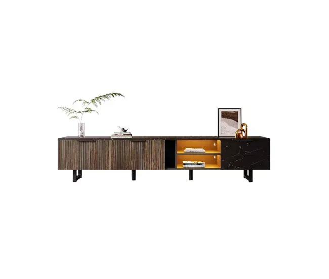Estanterí Flotante Mueble TV 200cm de MDF con luz LED,2 puertas de veta de madera oscura,2 cajónes y 2 estantes abiertos...