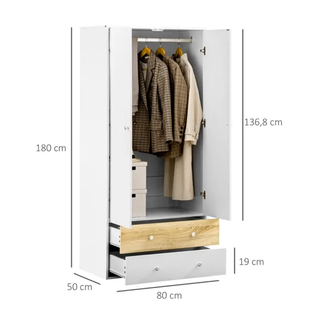 Armario Koshi Homcom 2 puertas + 2 cajones blanco/natural 180x80x50 cm