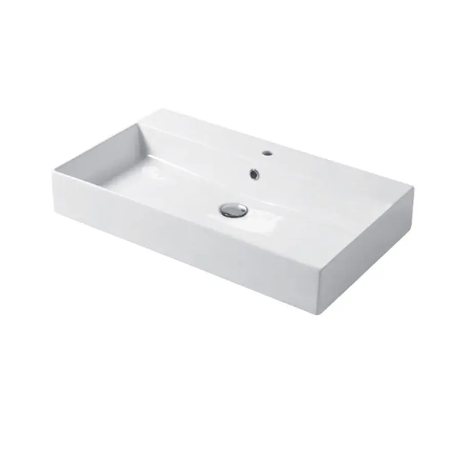 Lavabo rettangolare da appoggio o sospeso ceramica bianca lucida 80x46 cm con foro per rubinetto Disegno-Ceramica