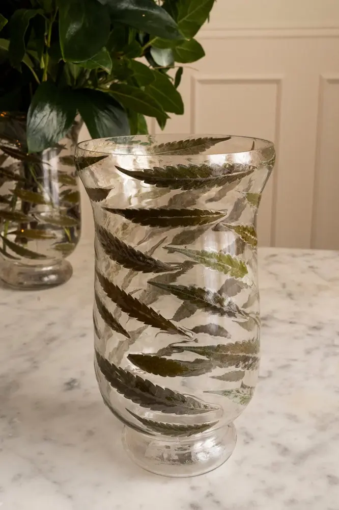 Porta-velas de cristal com base folhas de outono