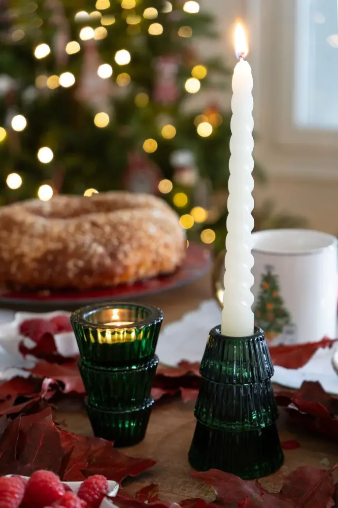 Porta-velas de cristal com desenho de árvore verde
