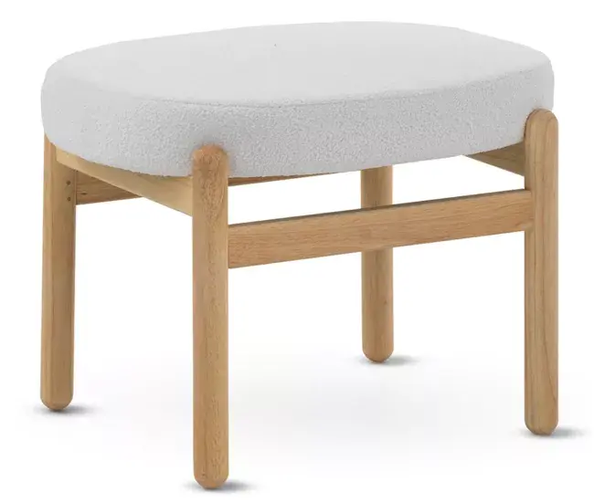 Puf tapizado en boucle blanco con estructura y patas en pino sin procesar