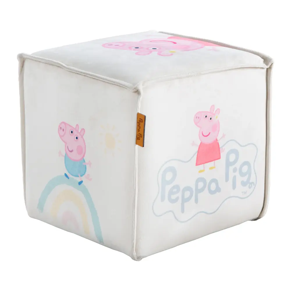 Puff infantil 'Peppa Pig' en forma de cubo - Tela de terciopelo arena + Estampado de Peppa