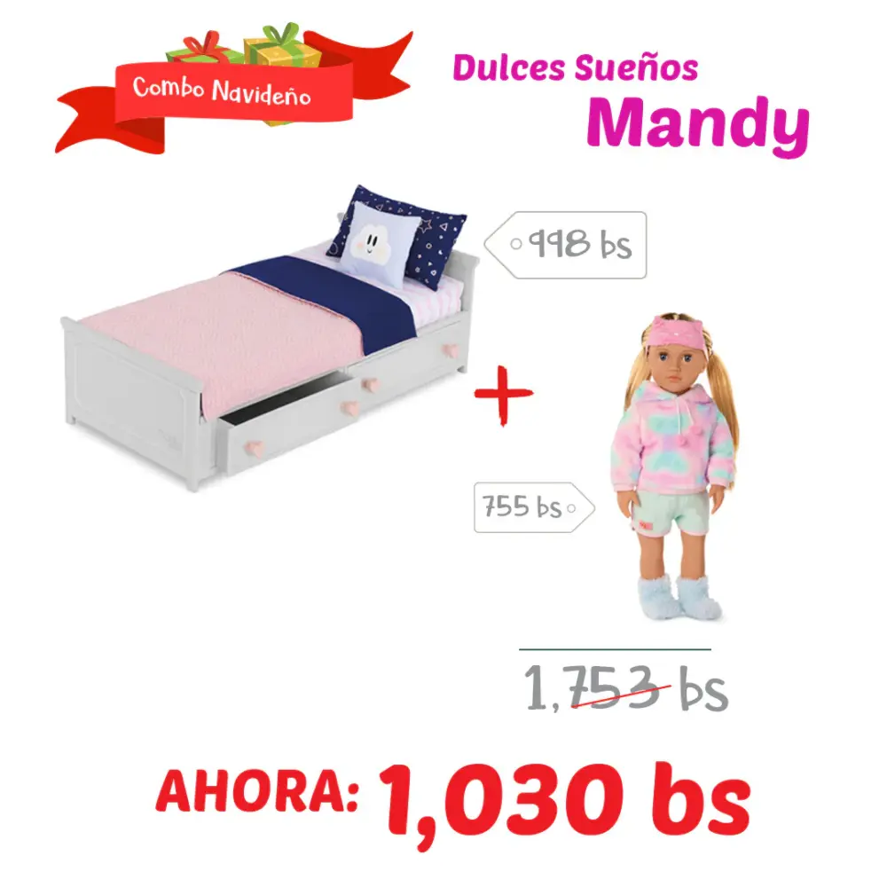 Premium de Algodón Egipcio Combo Dulces sueños: Cama + Mandy Doll