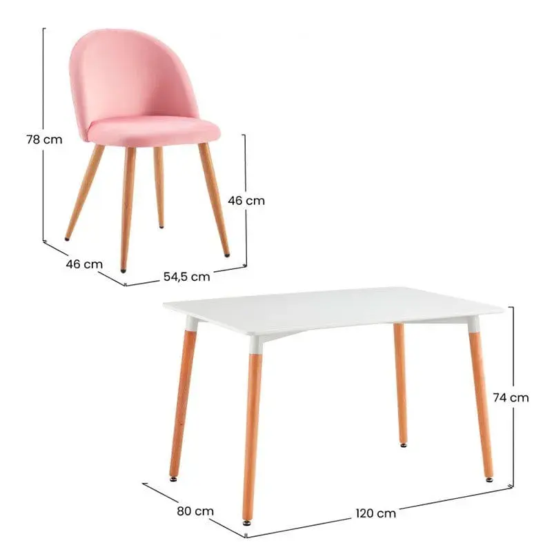 Conjunto de comedor Arvid Thinia Home mesa+4 sillas rosa/blanco/natural para 6 Personas
