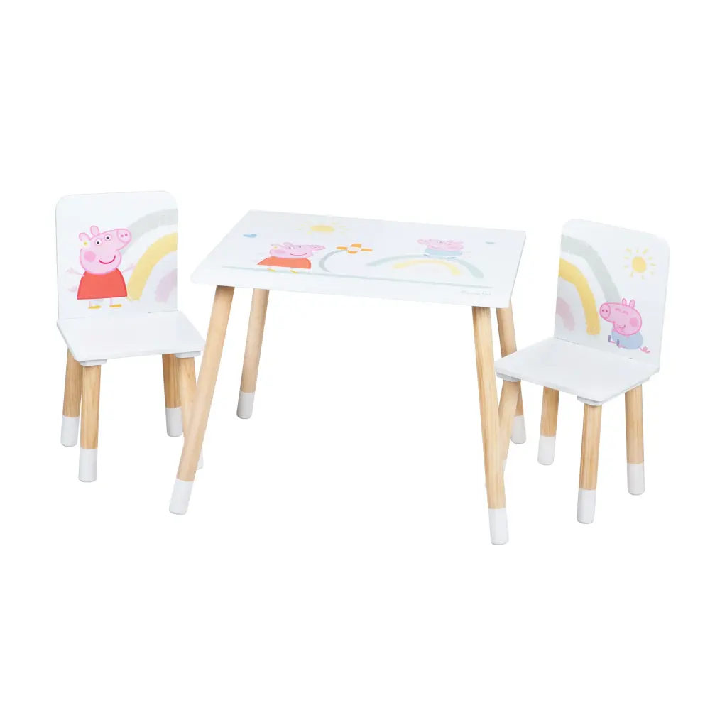 Conjunto de asiento infantil 'Peppa Pig' - 2 sillas + 1 mesa - Diseño de la serie - Madera blanca / original