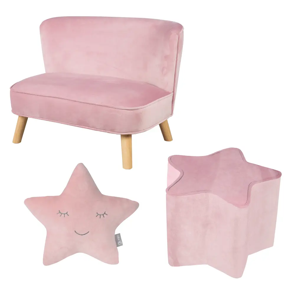 Paquete 'Lil Sofa' comprende sofá infantil, puff infantil en forma de estrella, cojín decorativo estrella rosa/mauve