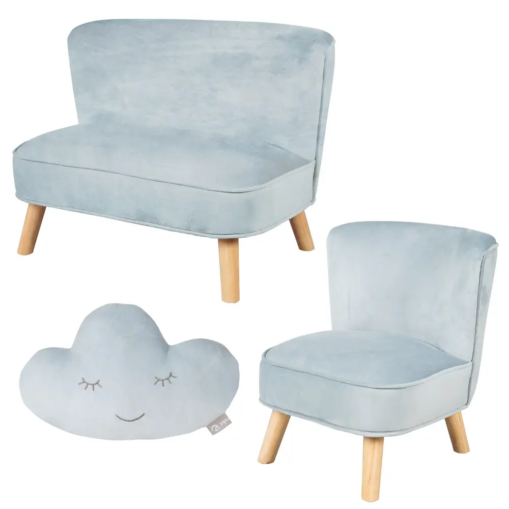 Paquete 'Lil Sofa' incorpora sofá infantil, sillón infantil y cojín decorativo nube en azul claro/sky