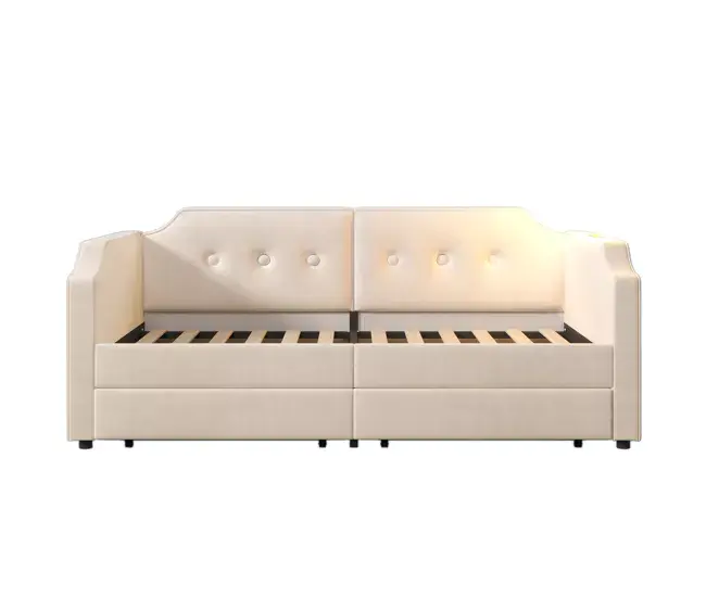 Armario Bajo Sofá cama de terciopelo 90x200 cm - con función de carga y LED - con somier - Hueso
