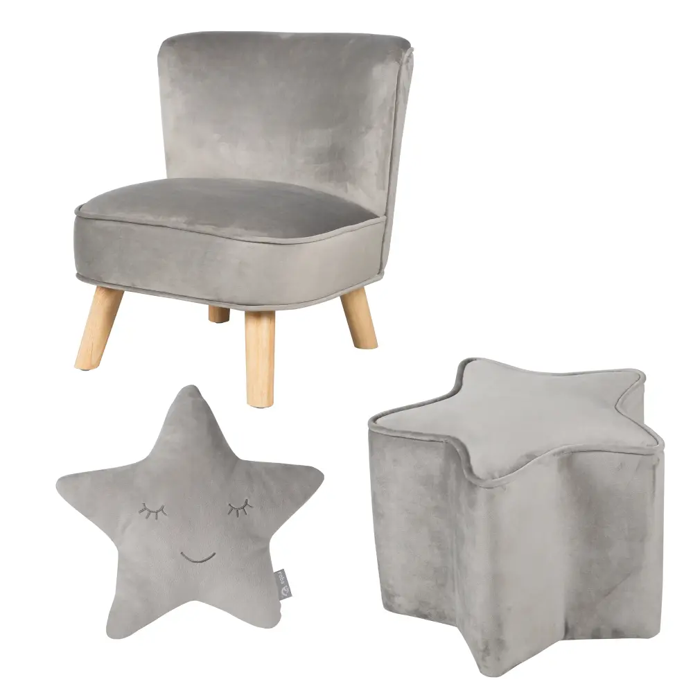 Estanterí Segura Bundle 'Lil Sofa' con sedia per bambini, sgabello stellato e cuscino stella grigio argento