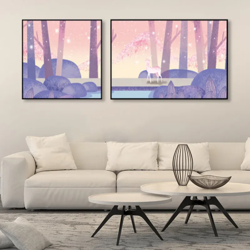 Animales decoración de pared arte infantil lienzo texturizado para habitación familiar en color blando, juego de 2 Purpura
