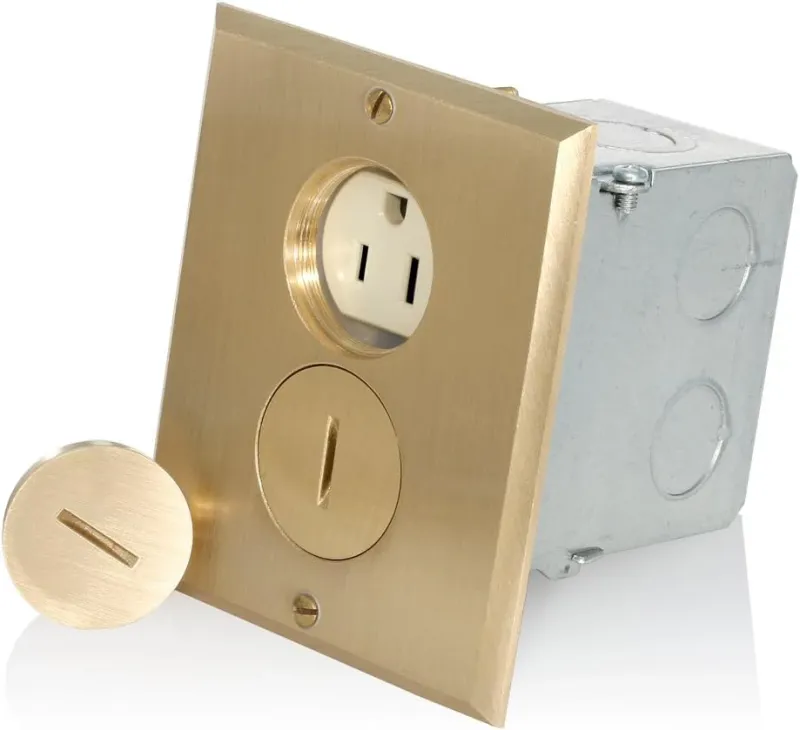 Leviton Caja de piso dúplex de conexión tierra de grado comercial de 15 amperios, 25249-FBA, marfil/latón GRADO B