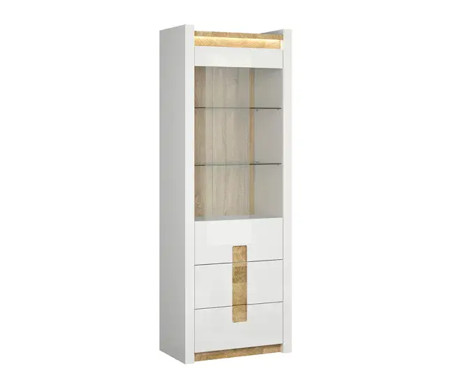 Vitrina 1 puerta 2 cajones con LED Helios Blanco lacado y Madera para Teletrabajo